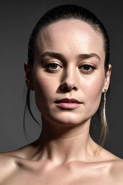 (CR-Bri3Larson-frankyfrank2k:0.9), closeup portrait of young woman, grey background, tilted pose shot, topless, slick undercut hair, oiled shiny skin,