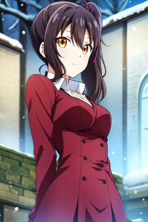 1girl, medium hair, looking at viewer, bangs, black hair, outdoor background, snowy weather, hair between eyes, medium breasts, brown eyes, side ponytail, hasuki_komai, dress,