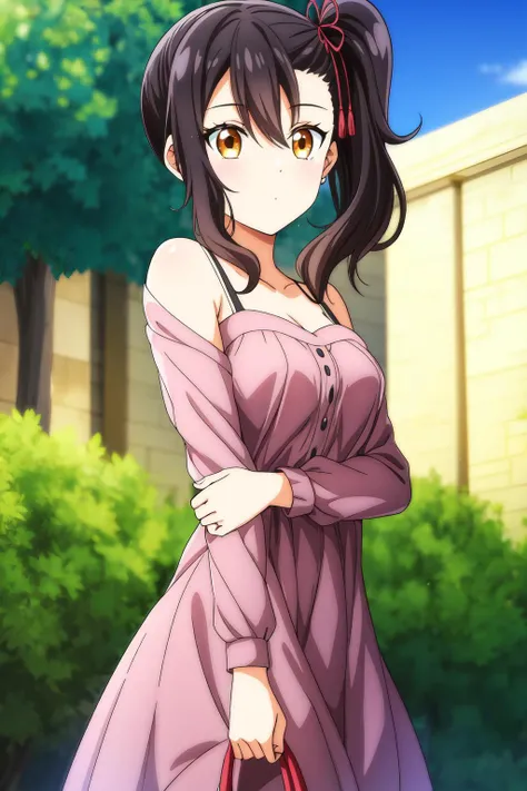 smile, <lora:tenka adachi ova-lora-nochekaiser:0.9> tenka adachi, black hair, (brown eyes:1.3), side ponytail, long hair, hair bobbles, shorts, off shoulder, dress, purple dress,, ultra detailed, masterpiece, best quality, aesthetic, detailed,