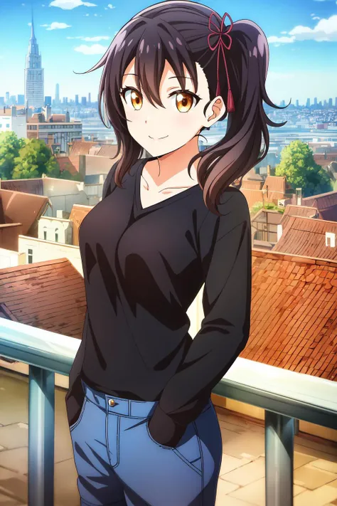 1girl, medium hair, looking at viewer, smile, bangs, black hair, hair between eyes, medium breasts, brown eyes, side ponytail, hasuki_komai, t-shirt dress, long pants, day, blue sky, city background, town, buzy town, skyscraper