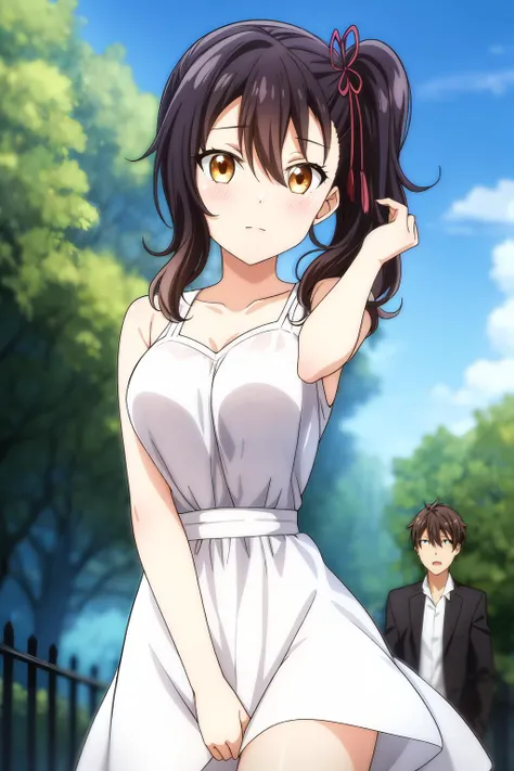 1girl, medium hair, looking at viewer, bangs, black hair, outdoor background, hair between eyes, medium breasts, brown eyes, side ponytail, hasuki_komai, dress, casual dress