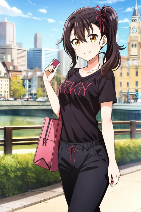 1girl, medium hair, looking at viewer, smile, bangs, black hair, hair between eyes, medium breasts, brown eyes, side ponytail, hasuki_komai, t-shirt dress, long pants, day, blue sky, city background, town, buzy town, skyscraper