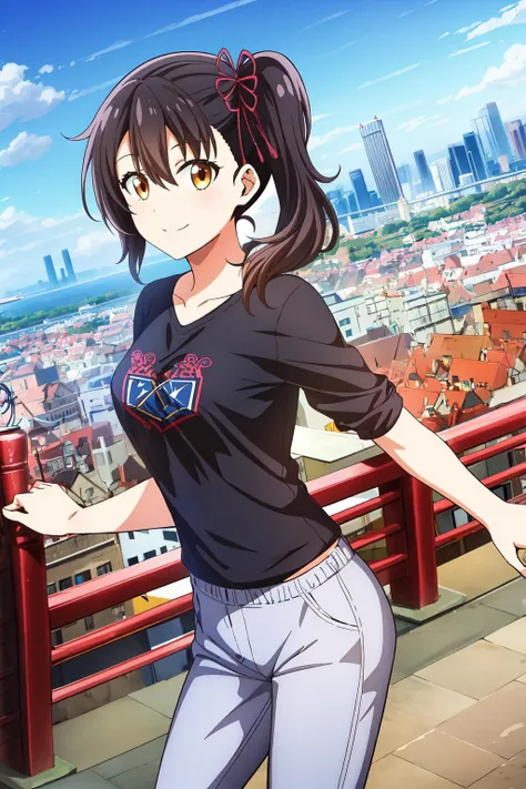 1girl, medium hair, looking at viewer, smile, bangs, black hair, hair between eyes, medium breasts, brown eyes, side ponytail, hasuki_komai, t-shirt dress, long pants, day, blue sky, city background, town, buzy town, skyscraper
