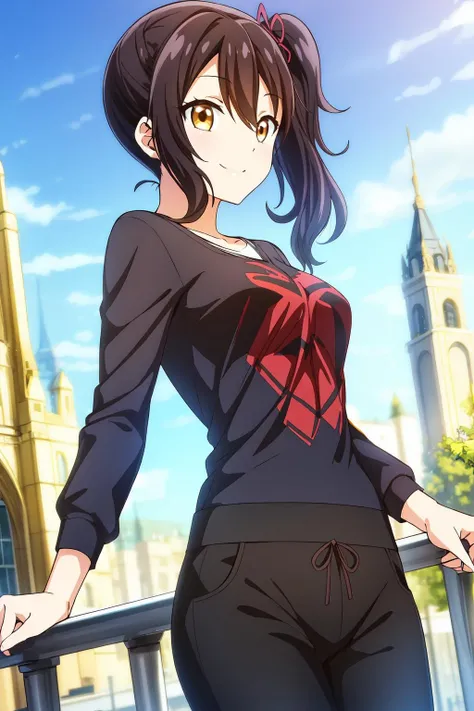 1girl, medium hair, looking at viewer, smile, bangs, black hair, hair between eyes, medium breasts, brown eyes, side ponytail, hasuki_komai, t-shirt dress, long pants, day, blue sky, city background, town, buzy town, skyscraper