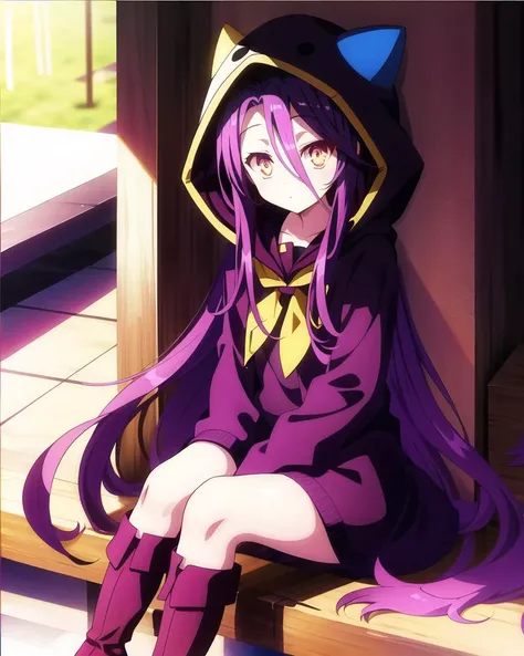 Shuvi,1girl,solo,purple_hair,yellow eyes,ong_hair,very_long_hair, hood, hair_between_eyes,sitting,Over-the-knee boots