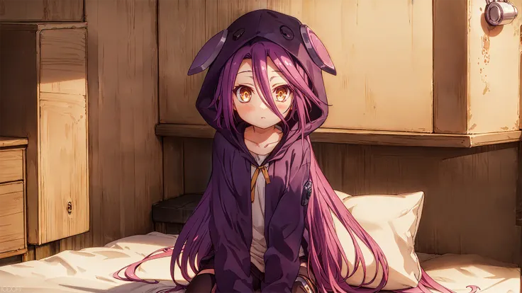 Shuvi, 1girl, solo, purple hair, yellow eyes, very long hair, hood, hair between eyes, sitting, pajamas, on bed, (pants:1.2), indoors, hood up, upper body,