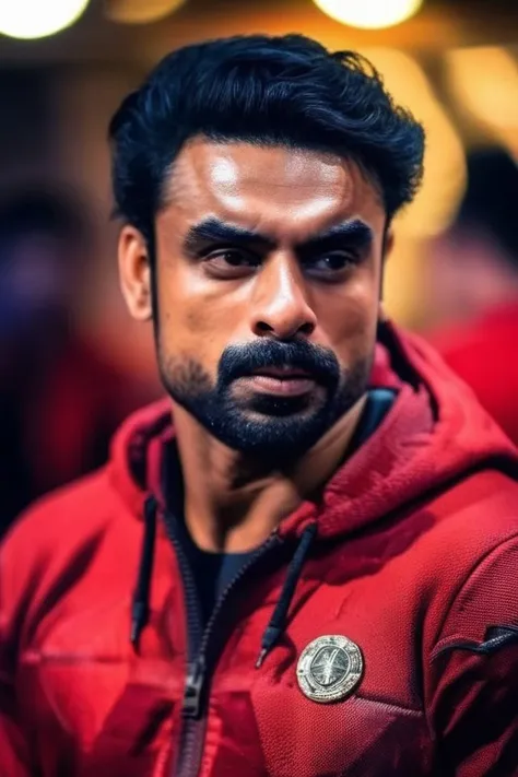 rege-jean page a man <lora:Tovino-Thomas_Rege-Jean-Page-000002:1>, realistic photo in a worn ((skin-revealing skimpy erotic red tracksuit, massive hairy pecs)), big pecs, big arms, bulge, VPL, ((light bokeh)), intricate, (steel metal [rust]), elegant, erotic, exuding sexual energy, homoerotic, sharp focus, photo by greg rutkowski, soft lighting, vibrant colors, (masterpiece), ((streets)), (detailed face), looking at viewer, light smile, night, walking towards viewer, cinematic lighting, beautiful lighting, cinematic lighting, (hazy filter, film grain:1.2)