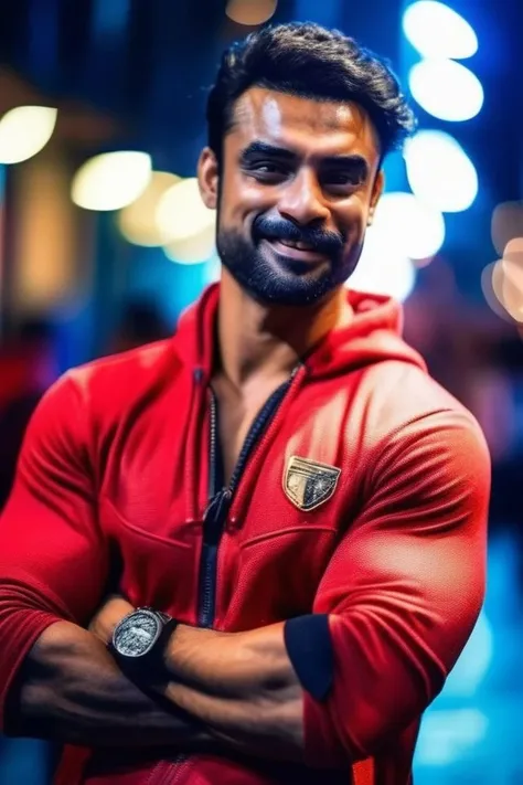 rege-jean page a man <lora:Tovino-Thomas_Rege-Jean-Page-000002:1>, realistic photo in a worn ((skin-revealing skimpy erotic red tracksuit, massive hairy pecs)), big pecs, big arms, bulge, VPL, ((light bokeh)), intricate, (steel metal [rust]), elegant, erotic, exuding sexual energy, homoerotic, sharp focus, photo by greg rutkowski, soft lighting, vibrant colors, (masterpiece), ((streets)), (detailed face), looking at viewer, light smile, night, walking towards viewer, cinematic lighting, beautiful lighting, cinematic lighting, (hazy filter, film grain:1.2)