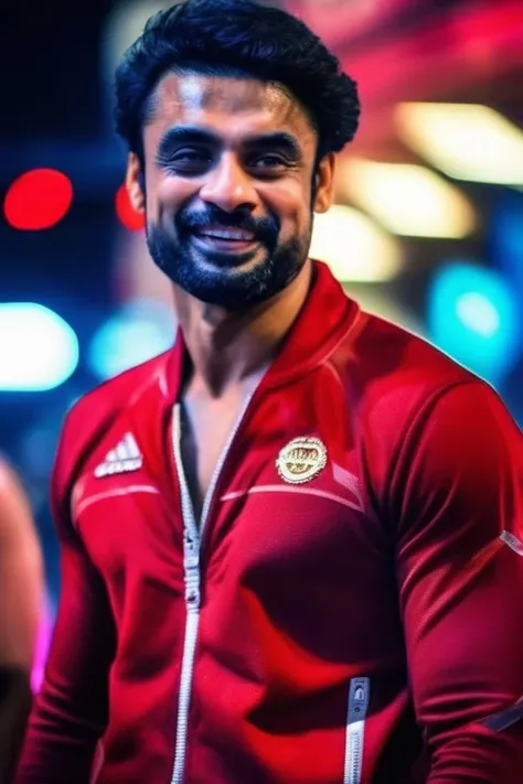 rege-jean page a man <lora:Tovino-Thomas_Rege-Jean-Page-000002:1>, realistic photo in a worn ((skin-revealing skimpy erotic red tracksuit, massive hairy pecs)), big pecs, big arms, bulge, VPL, ((light bokeh)), intricate, (steel metal [rust]), elegant, erotic, exuding sexual energy, homoerotic, sharp focus, photo by greg rutkowski, soft lighting, vibrant colors, (masterpiece), ((streets)), (detailed face), looking at viewer, light smile, night, walking towards viewer, cinematic lighting, beautiful lighting, cinematic lighting, (hazy filter, film grain:1.2)