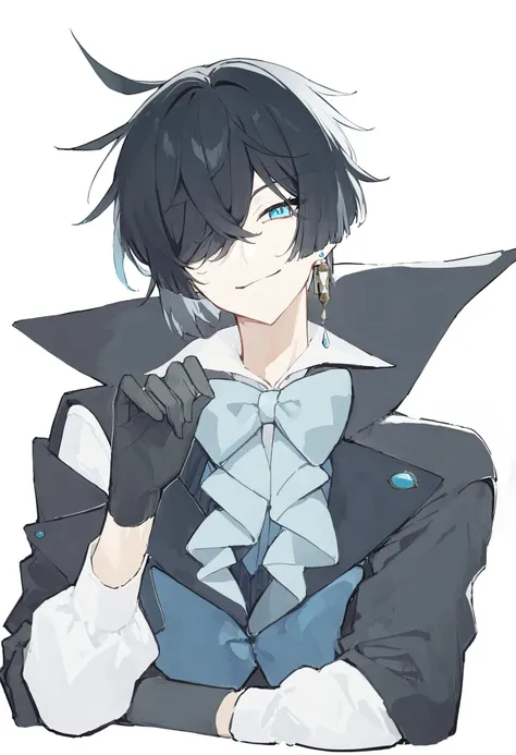 1boy, Vanitas, male focus, solo, short hair, blue eyes, shirt, black hair, gloves, long sleeves , bow, jewelry, black jacket, blue vest, white shirt, earrings, half closed eyes,black gloves, collared shirt, bowtie, hair over one eye, one eye covered, smile, closed mouth, looking at viewer, (cropped upper body:1.2), (standing, front:1.5), (white background, simple background:1.2), masterpiece, best quality, nagi <lora:nagi_XL_v2:1> <lora:vanitasxl:1>