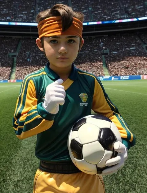 best quality, masterpiece, highres, detailed, realistic, cosplay, <lora:Detail - add_detail:0.2>, EndouMamoru, 1 highschool male, brown hair,  short hair, brown eyes, sportswear, yellow and green clothing, headband, upper body, long sleeves, white gloves, stadium, field, hopeful, jojo pose, catching soccer ball, <lora:Character - EndouMamoru:0.9>