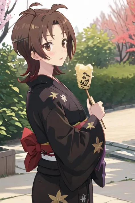 best quality, masterpiece, highres, solo, {yukata:1.40}, {kimono:1.20}, {yuzu_iizuka_sakuratrick:1.15}, brown_hair, blush, brown_eyes, short_hair, necktie