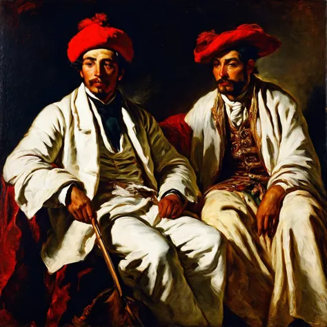 <lora:huixin10-000018:0.4>,
Romantism, Delacroix, oil painting, two men, traditional clothing, white robes, red hats, seated, dark background, dramatic lighting, chiaroscuro, genre painting, 19th century, cultural, ethnic, portrait, (((masterpiece))),(((best quality))),((ultra-detailed))