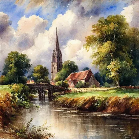 Romantism,Constable,landscape,watercolor painting,countryside,church,tower,tree,river,cloudy sky,pastoral,nature,architecture,greenery,rural,scenic,atmospheric,textured,impressionistic,<lora:huixin10-000018:1.0>,, (((masterpiece))),(((best quality))),((ultra-detailed))