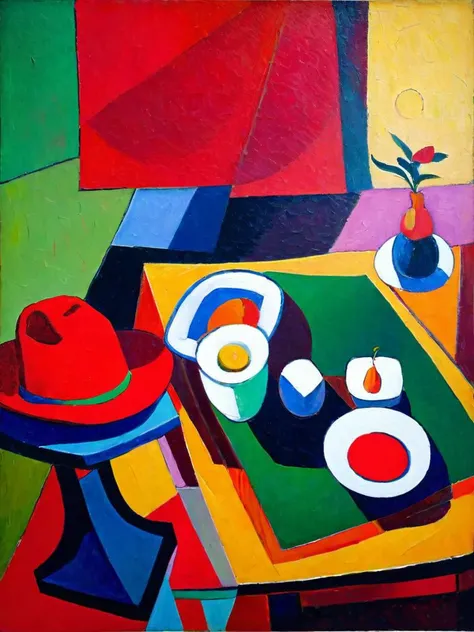 <lora:huixin10-000010:1.0>,
Impressionism,Gauguin,Still life,cubist,20th century,man in red hat,books,fruit,table,abstract,bold colors,geometric shapes,textured brushstrokes,dramatic lighting,surreal,expressive,contemplative,, (((masterpiece))),(((best quality))),((ultra-detailed))