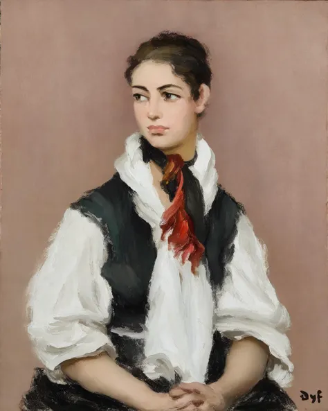 Impressionism, Marcel Dyf,
The image is a painting of a young woman, possibly from the late 19th to early 20th century. She is depicted in a contemplative pose, with her gaze directed downwards. She wears a dark-colored dress with a white collar and a red scarf. The background is muted, emphasizing the subject. The painting style is impressionistic, with visible brush strokes and a focus on capturing the essence of the scene rather than detailed realism. The image quality is relatively good, with clear details and vibrant colors.