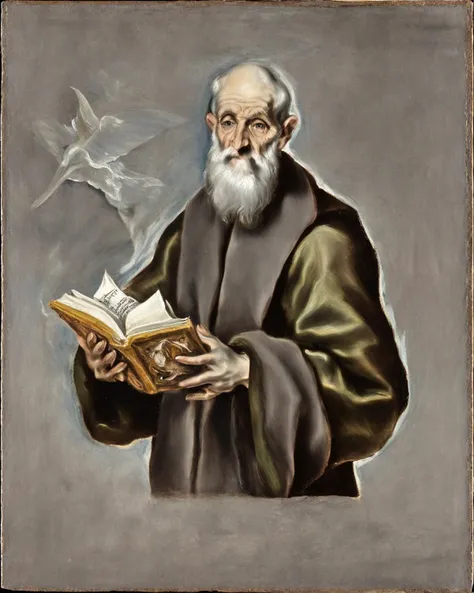 Renaissance, El Greco,
The image appears to be a painting, possibly from the Renaissance period, given the style and composition. The subject is an elderly man with a white beard, holding a cross and a book. He is dressed in a simple robe, and the background is dark, emphasizing the subject. The artistic style is realistic with a touch of surrealism, especially with the inclusion of a floating plant and the detailed depiction of the man's face. The color tone is muted, with a mix of dark and earthy tones.