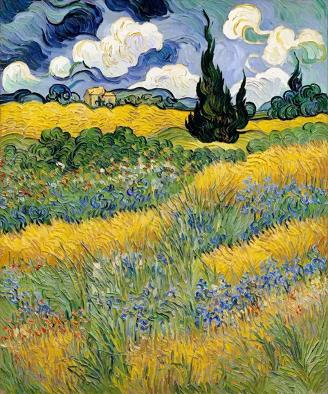 Impressionism, van Gogh,
The image showcases a vibrant landscape painting, possibly from the late 19th century, given the style and subject matter. The scene is dominated by a vast field of tall grasses and wildflowers, with a prominent cypress tree standing tall in the middle. The sky is painted with swirling clouds, and there's a hint of a house or structure in the distance. The artistic style is reminiscent of Vincent van Gogh, characterized by bold brush strokes and a rich color palette. The image quality is high, with a clear depiction of details, and the color tone is predominantly warm with shades of green, yellow, and blue.