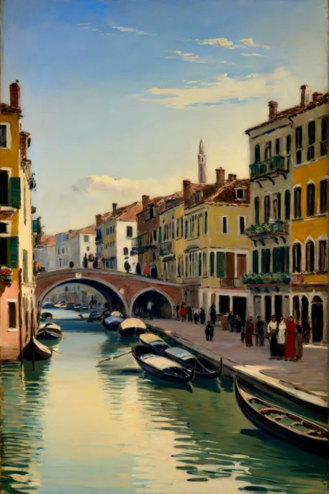 Boudin,
The image showcases a serene Venetian canal scene. The artwork is painted in an impressionistic style, capturing the essence of the city rather than its details. The scene features a bridge, gondolas, and traditional Venetian buildings. The color palette is dominated by earthy tones, with the water reflecting the sky and the buildings. The painting appears to be from the late 19th to early 20th century, given its style and subject matter., (((masterpiece))),(((bestÂ quality))),((ultra-detailed))