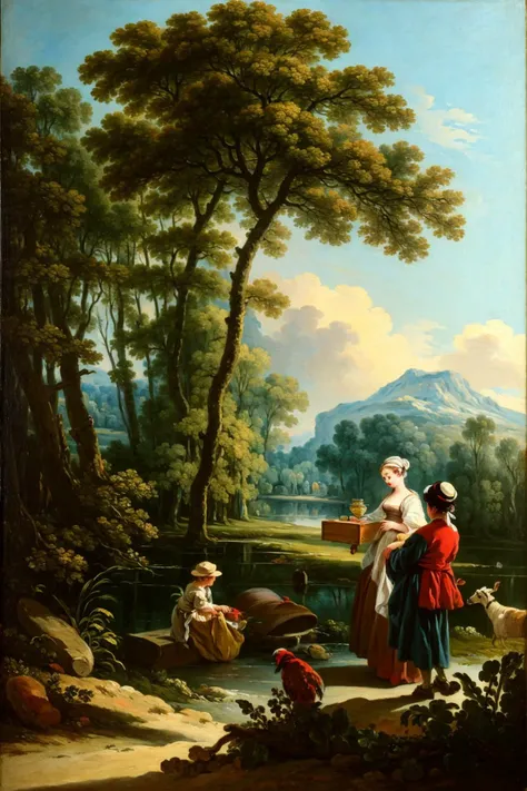 Rococo, Boucher,
The image showcases a painting of a scene in a rustic setting. The painting is done in a realistic style, capturing the essence of the scene. The artist, a man with a red hat, is in the foreground, painting a landscape with a tree, a river, and a house. In the background, there are two women, one of whom is holding a child. The scene is bustling with activity, with the woman in the foreground looking intently at the artist's work, while the other woman seems to be engaged in some domestic chore. The painting is hung on an easel, and there are various art supplies scattered around, including brushes, a palette, and a jar. The color tone is muted, with earthy tones dominating the scene., (((masterpiece))),(((bestÂ quality))),((ultra-detailed))