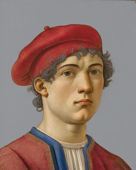 Renaissance, Botticelli,
The image showcases a portrait of a young individual, possibly from the Renaissance period, given the style and composition. The subject is wearing a red cap and a blue-gray garment. The artistic style is realistic with attention to detail, capturing the nuances of the face, clothing, and background. The image quality is high, with vibrant colors and clear details. The composition is centered, focusing on the face and upper body of the subject.