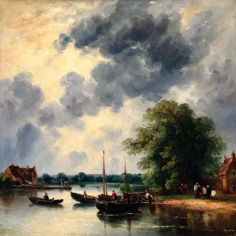 <lora:huixin10-000018:1.0>,
Romantism, Constable, landscape, oil painting, impressionist, 19th century, countryside, rural scene, trees, buildings, cloudy sky, water, people, boats, movement, color palette, textured brushstrokes, atmospheric, moody, dynamic, (((masterpiece))),(((best quality))),((ultra-detailed))