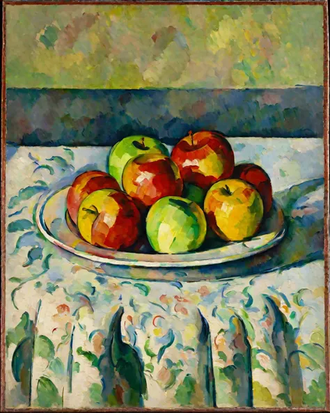 Impressionism, Cezanne,
The image showcases a painting of apples on a plate, set against a muted background. The apples are painted in vibrant hues of red, yellow, and green. The style is reminiscent of the Impressionist movement, characterized by its loose brushwork and emphasis on light and color. The composition is balanced, with the apples placed centrally on the plate, drawing the viewer's attention. The image quality is relatively high, with clear details and a rich color palette.