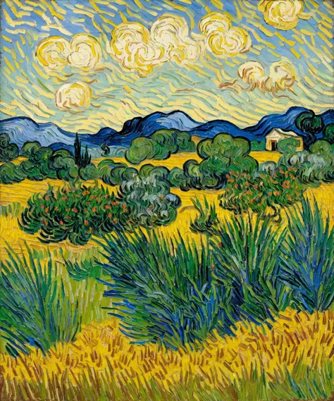 Impressionism, van Gogh,
The image showcases a vibrant landscape painting, possibly from the late 19th century, given the style and subject matter. The scene is dominated by a vast field of tall grasses and wildflowers, with a prominent cypress tree standing tall in the middle. The sky is painted with swirling clouds, and there's a hint of a house or structure in the distance. The artistic style is reminiscent of Vincent van Gogh, characterized by bold brush strokes and a rich color palette. The image quality is high, with a clear depiction of details, and the color tone is predominantly warm with shades of green, yellow, and blue.