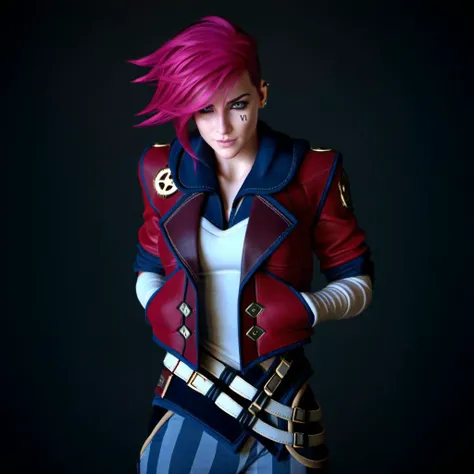 a woman, full body, pink hair, red jacket, hand in jacket pocket, steampunk city background, (((text ''VI''))) <lora:Vi1024-V2:0.8>