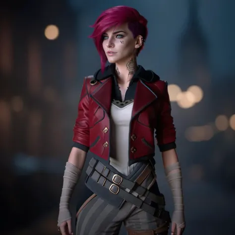cinematic photo a woman, full body, pink hair, red jacket, steampunk city background, (((text ''VI''))) <lora:Vi1024-V2:0.8> . 35mm photograph, film, bokeh, professional, 4k, highly detailed