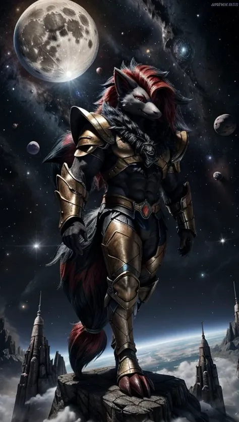 a muscular anthro black wolf wearing milky way battle armor, standing in dark throne room, an oversized full moon in the background, a outer space, soul scene, attentive detail, dynamic action pose, mind-blowing detail, a fantasy image, full length portrait, a completely real scene, Unreal Engine 5, surrealistic lighting, aerial perspective, outer space view
<lora:Zoroark:0.85> Zoroark