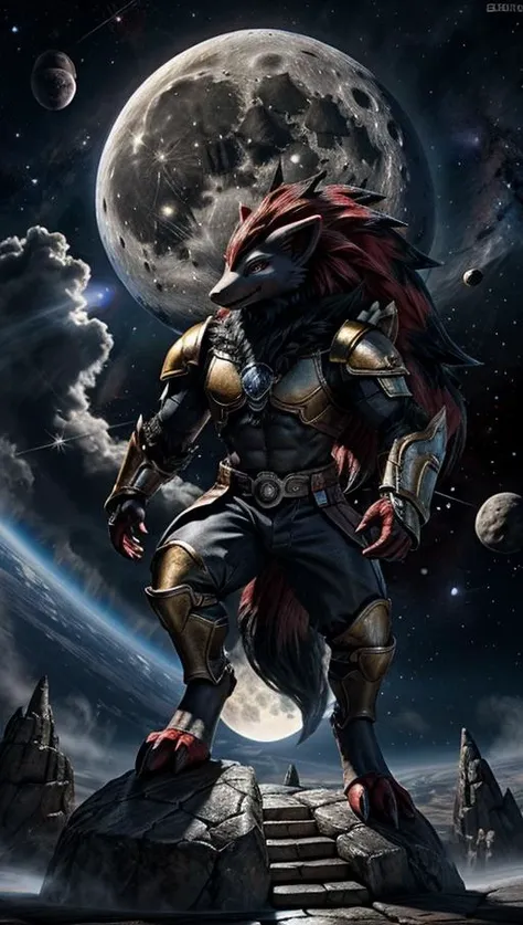 a muscular anthro black wolf wearing milky way battle armor, standing in dark throne room, an oversized full moon in the background, a outer space, soul scene, attentive detail, dynamic action pose, mind-blowing detail, a fantasy image, full length portrait, a completely real scene, Unreal Engine 5, surrealistic lighting, aerial perspective, outer space view
<lora:Zoroark:0.85> Zoroark