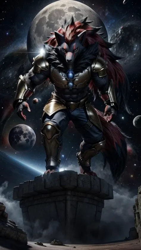 a muscular anthro black wolf wearing milky way battle armor, standing in dark throne room, an oversized full moon in the background, a outer space, soul scene, attentive detail, dynamic action pose, mind-blowing detail, a fantasy image, full length portrait, a completely real scene, Unreal Engine 5, surrealistic lighting, aerial perspective, outer space view
<lora:Zoroark:0.85> Zoroark