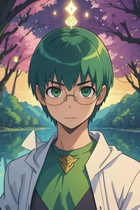 masterpiece, best quality, wallpaper, 1boy, solo, male focus, looking at viewer, , depth of field, <lora:yuusaku_kitamura:0.74>, yuusaku_kitamura, green hair, green eyes, short hair, glasses, , Shambhala: A hidden paradise where enlightened beings live in perfect harmony,