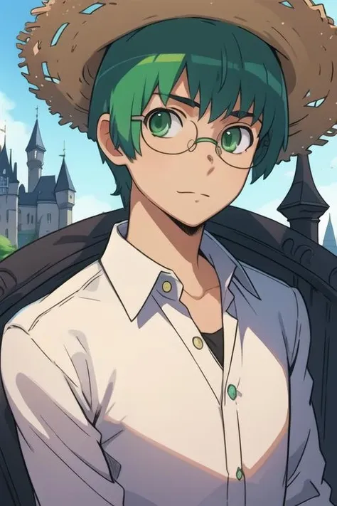 masterpiece, best quality, illustration, 1boy, solo, male focus, looking at viewer, upper body, depth of field, <lora:yuusaku_kitamura:0.70>, yuusaku_kitamura, green hair, green eyes, short hair, glasses, , straw hat, The Castle of Shadows, Blu-ray