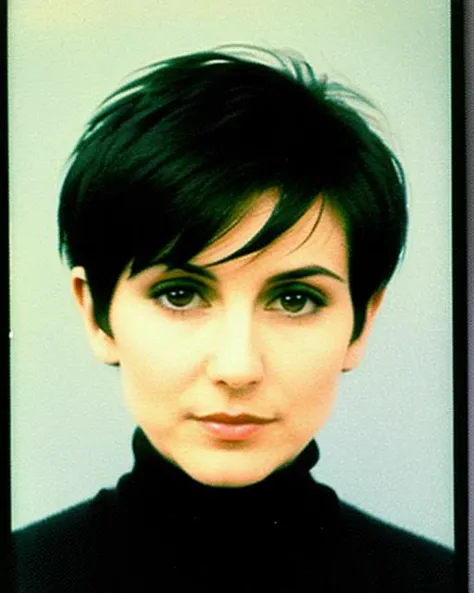 photo by oldsiemens,a 30yo Eastern European woman,(very short black hair,pixie cut:1.3),wearing turtleneck sweater,long sleeves,upper body,stern look,((very thin face,high cheekbones,harsh features)),(thin),indoors