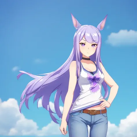 mejiromac,1girl,high quality,bluesky background,midday,studio lighting,tank top,jeans,cowboy shot,worst quality, <lora:mejiromac3_12_v9:0.7>