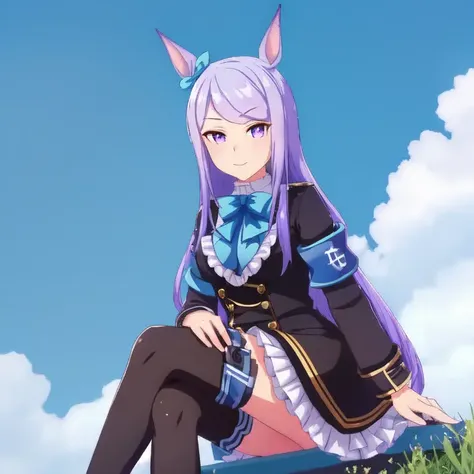 mejiromac,1girl,high quality, ((blue sky background)),outdoors,midday,black jacket,black skirt,bowtie,armband,shirt,frills<lora:mejiromac3_13_v9:0.7>,sitting,smile