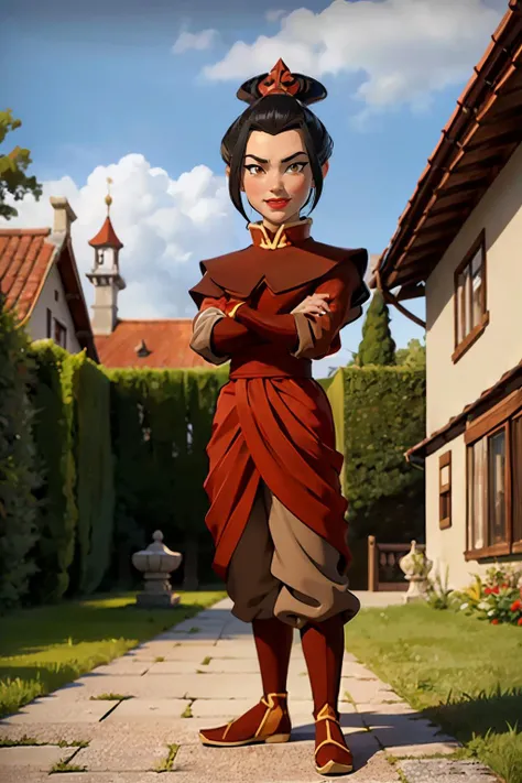 azula, yellow eyes, topknot, black hair, ponytail, red lipstick, red clothes, footwear, looking at viewer, smiling, standing, full body shot, arms crossed, outside, palace, plaza, stone ground, hedges, blue sky,  high quality, masterpiece, <lora:Azula:.8>