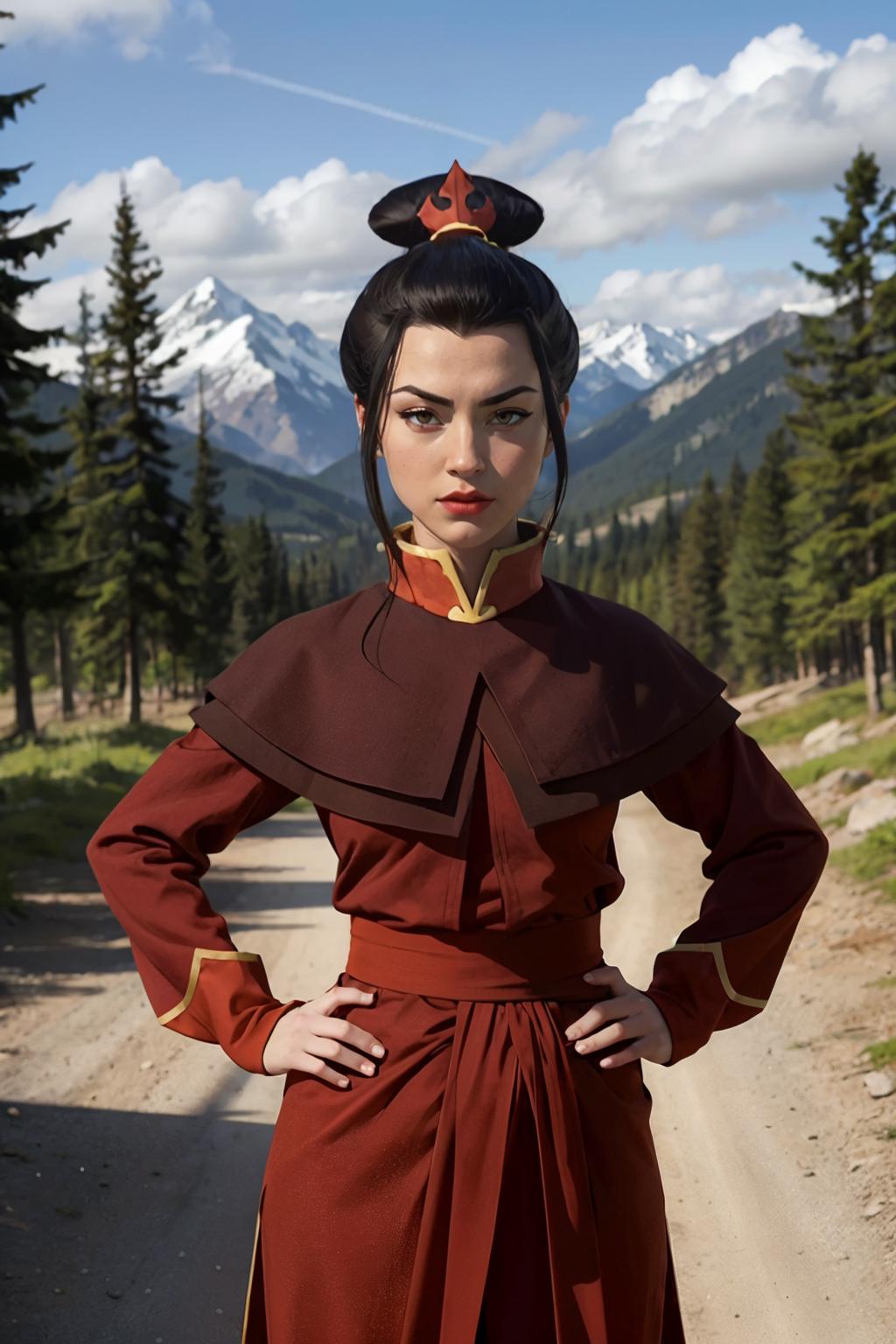 Arafed woman in a red dress standing on a dirt road - SeaArt AI