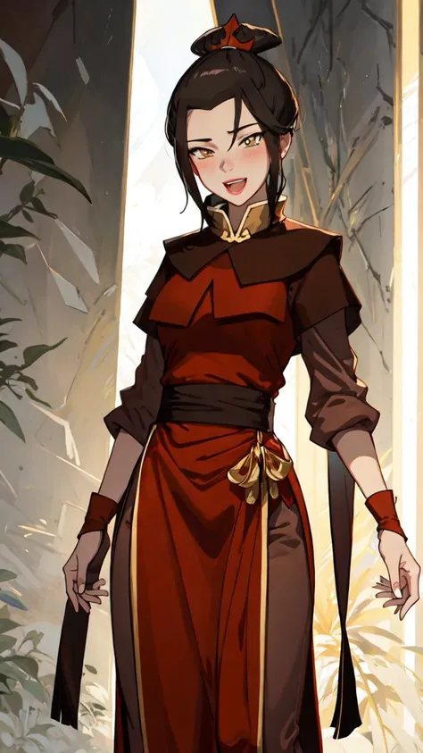 lumen reflections, natural lighting, evocative, triadic color scheme, cowboy shot, elegant, voluptuous:0.6, looking at viewer, 1girl, female, solo, blush, open mouth, smile, teeth, sfw, <lora:Azula:1>, azula, black hair, long hair, gold eyes, dress, chinese dress, red chinese dress, gloves, fingerless gloves, black fingerless gloves, sash, sash belt, gold sash belt, leggings, black leggings