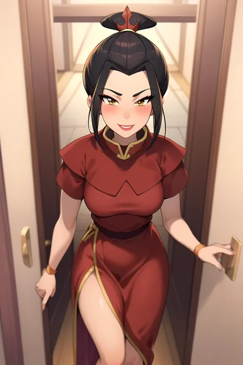 masterpiece, best quality, chromatic aberration, Intricate, High Detail, Sharp focus, 1girl, solo, standing, medium breasts, doorway, smile, looking at viewer, pov, blush, Knit Maxi Dress , <lora:add_detail:0.4> , <lora:Azula:0.9> azula, lipstick, makeup, ponytail, topknot