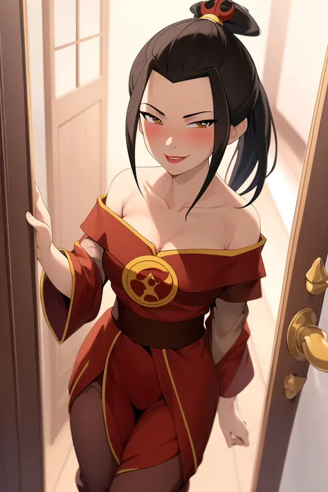 masterpiece, best quality, chromatic aberration, Intricate, High Detail, Sharp focus, 1girl, solo, standing, medium breasts, doorway, smile, looking at viewer, pov, blush, Off-shoulder blouse and capri pants , <lora:add_detail:0.4> , <lora:Azula:0.9> azula, lipstick, makeup, ponytail, topknot