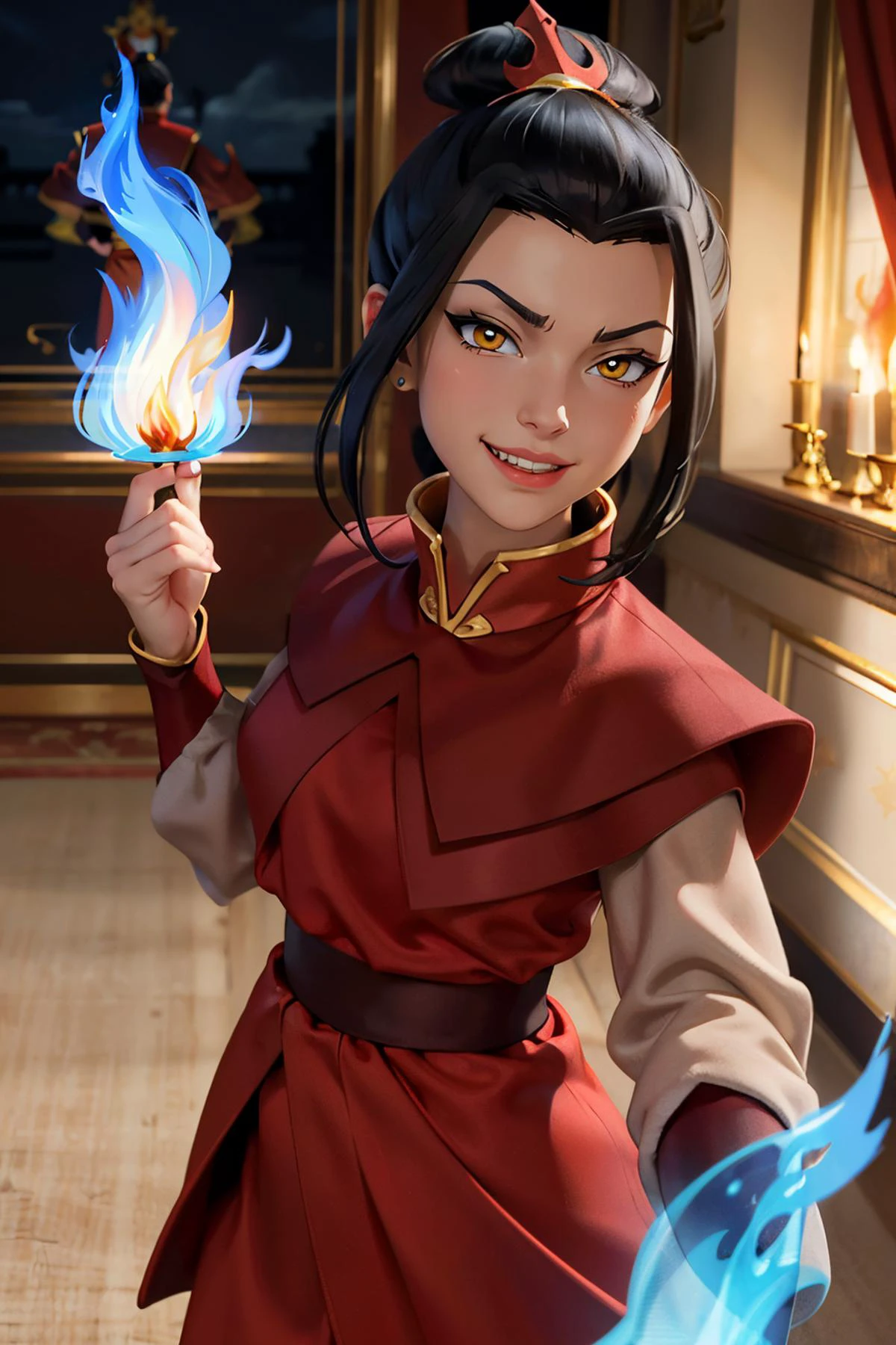 azula, yellow eyes, black hair, top knot, red clothes, looking at viewer, serious, evil grin, standing, palace room, blue colored fire, high quality, masterpiece, <lora:Azula:.7>