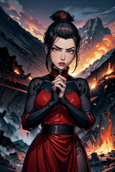 thick outlines, comics, photorealistic, perfect hands, masterpiece:1.2, colorful, volcanic mountain, fire, 1 girl, solo, <lora:Azula:0.8>, black hair, red dress, dress, long sleeves, gloves, black pants, lipstick, makeup, ponytail, topknot, small breast, detailed background, detailed face, detailed eyes, <lora:add_detail:0.8>