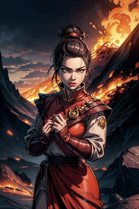 thick outlines, comics, photorealistic, perfect hands, masterpiece:1.2, colorful, volcanic mountain, fire, 1 girl, solo, dynamic pose, standing, <lora:Azula:0.9>, lipstick, makeup, ponytail, topknot, small breast, detailed background, detailed face, detailed eyes, <lora:add_detail:0.8>