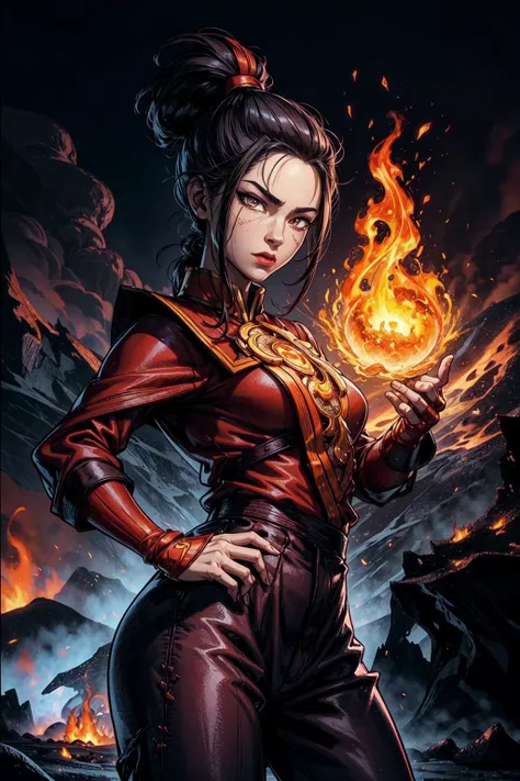 thick outlines, comics, photorealistic, perfect hands, masterpiece:1.2, colorful, volcanic mountain, fire, fire in hands, 1 girl, solo, dynamic pose, standing, <lora:Azula:0.8>, japanese pants, lipstick, makeup, ponytail, topknot, small breast, detailed background, detailed face, detailed eyes, <lora:add_detail:0.8>