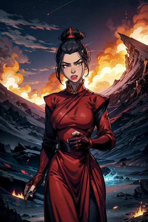 thick outlines, comics, photorealistic, perfect hands, masterpiece:1.2, colorful, volcanic mountain, fire, 1 girl, solo, <lora:Azula:0.9>, black hair, red dress, dress, long sleeves, gloves, black pants, lipstick, makeup, ponytail, topknot, small breast, detailed background, detailed face, detailed eyes, <lora:add_detail:0.8>