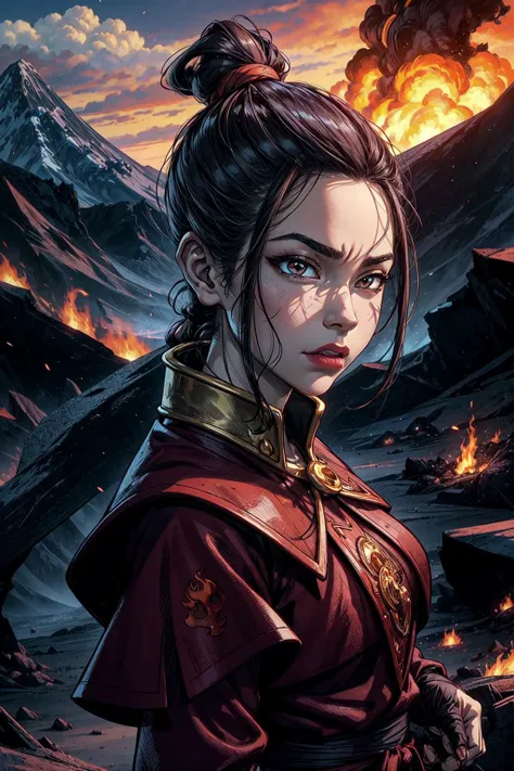 thick outlines, comics, photorealistic, perfect hands, masterpiece:1.2, colorful, volcanic mountain, fire, 1 girl, solo, <lora:Azula:0.9>, lipstick, makeup, ponytail, topknot, small breast, detailed background, detailed face, detailed eyes, <lora:add_detail:0.8>