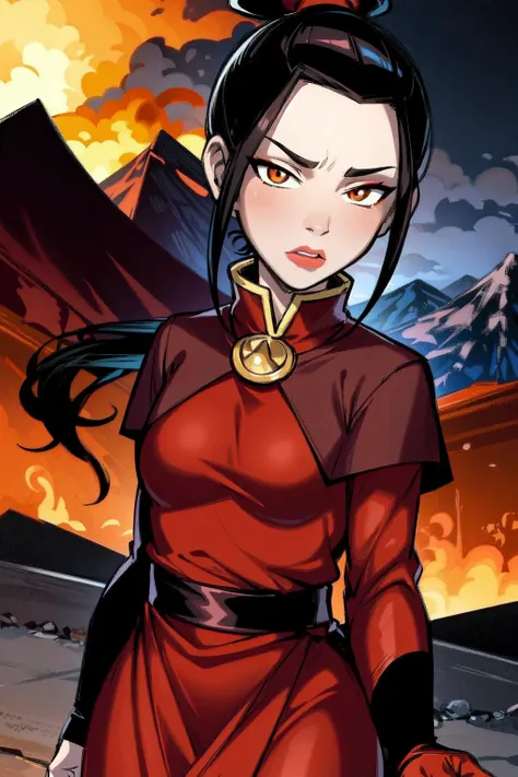 thick outlines, comics, photorealistic, perfect hands, masterpiece:1.2, colorful, volcanic mountain, fire, 1 girl, solo, <lora:Azula:0.9>, black hair, red dress, dress, long sleeves, gloves, black pants, lipstick, makeup, ponytail, topknot, small breast, detailed background, detailed face, detailed eyes, <lora:add_detail:0.8>